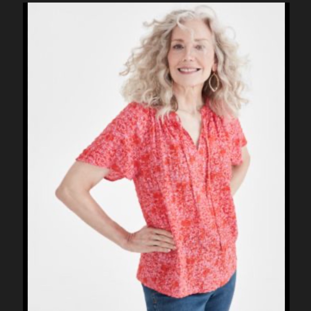 Women’s Floral Tie-Neck Blouse - Coral Red